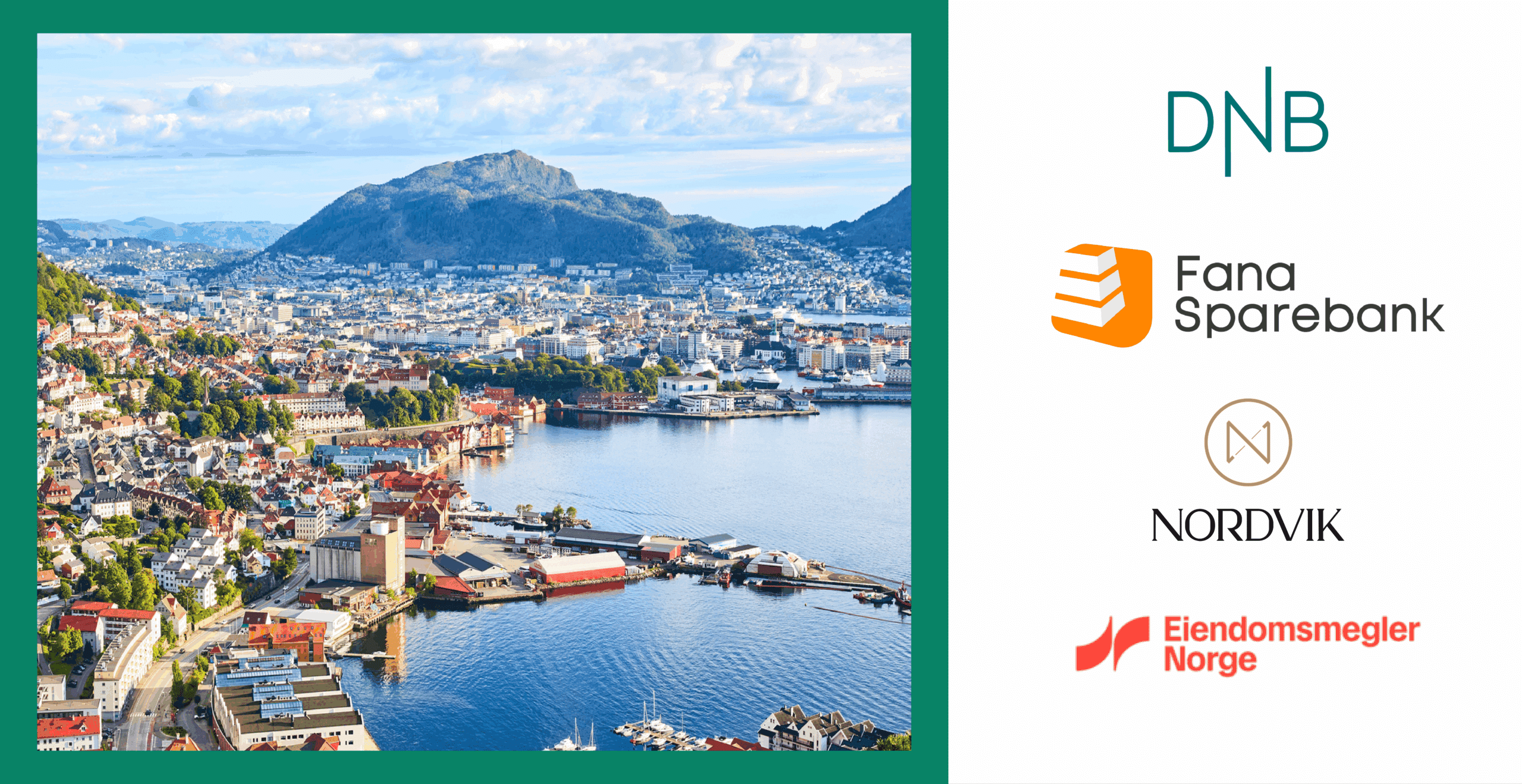 Bilde av Bergen med logoer av meglerfirmaer rundt, brukt som illustrasjon i artikkel om hva en megler koster i denne byen.