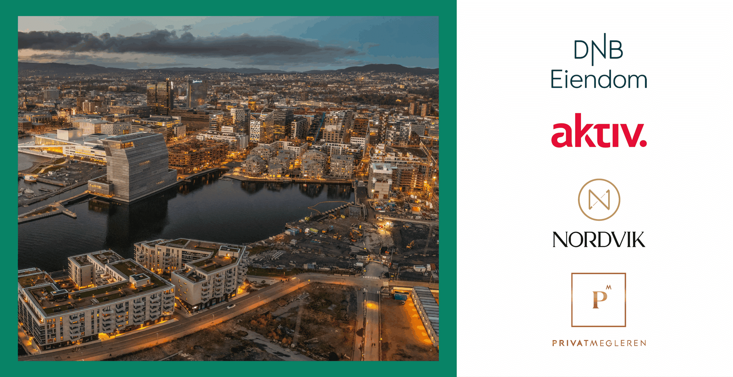 Panoramabilde av Oslo sentrum i gullent kveldslys med Oslofjorden og Bjørvika, brukt i guide om hva eiendomsmegler koster i Oslo.