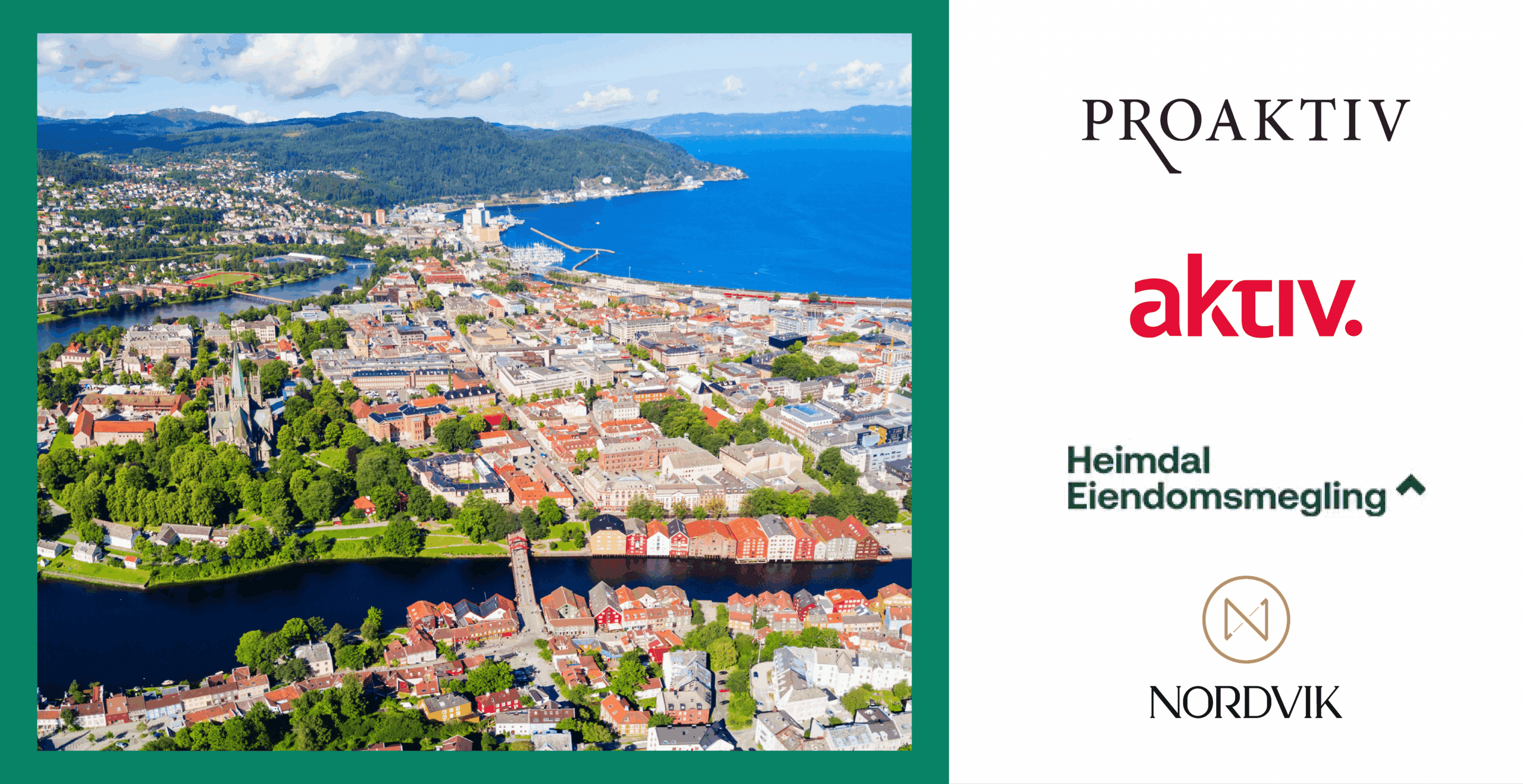 Flyfoto av Trondheim sentrum med logoer fra lokale meglerfirmaer, illustrerer hva eiendomsmegler i Trondheim koster og hvilke valgmuligheter du har